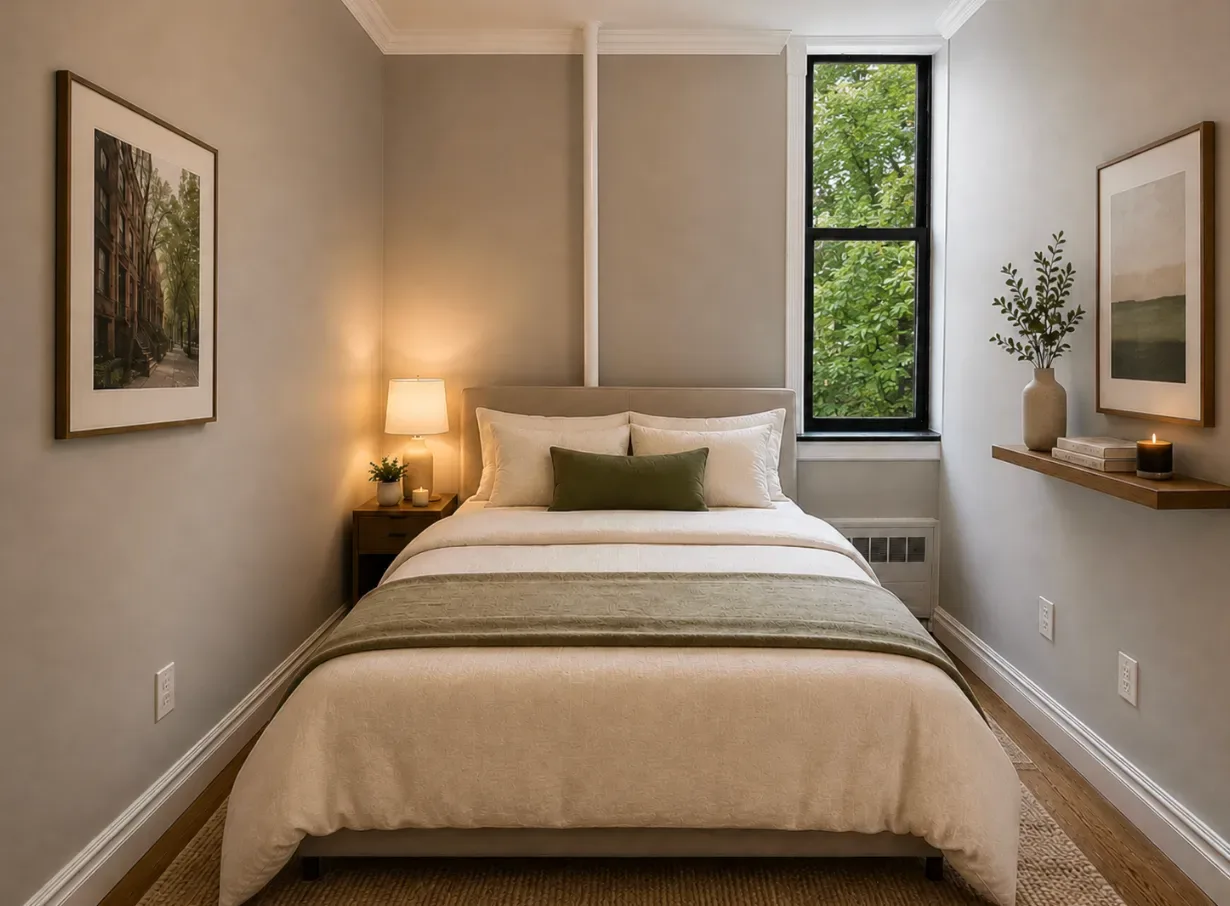 Bedroom with queen bed, beige bedding, framed artwork on walls, nightstand with lamp, and tall window with green view.