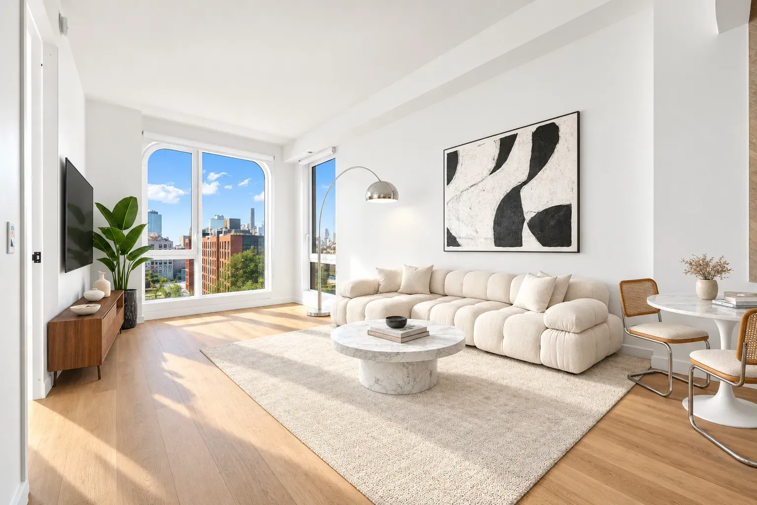 Bright living room with cream puffy sofa, large windows overlooking city, wooden floors, and modern abstract wall art.