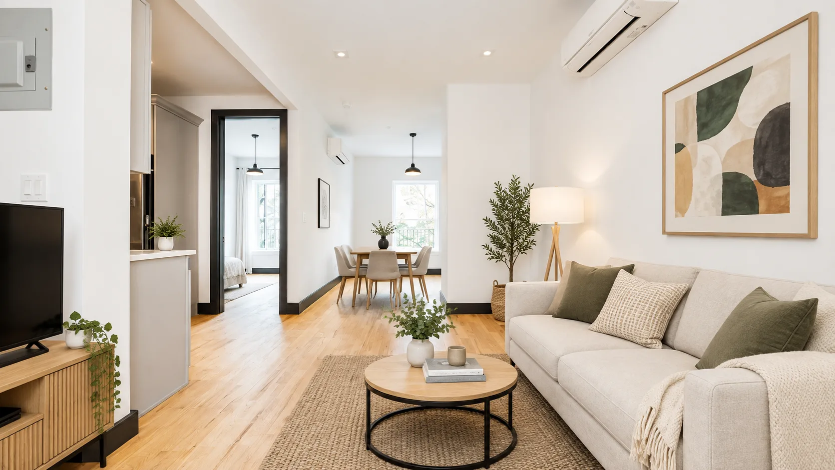 Open-plan living room with beige sofa, wooden dining table, hardwood floors, and modern artwork on walls.