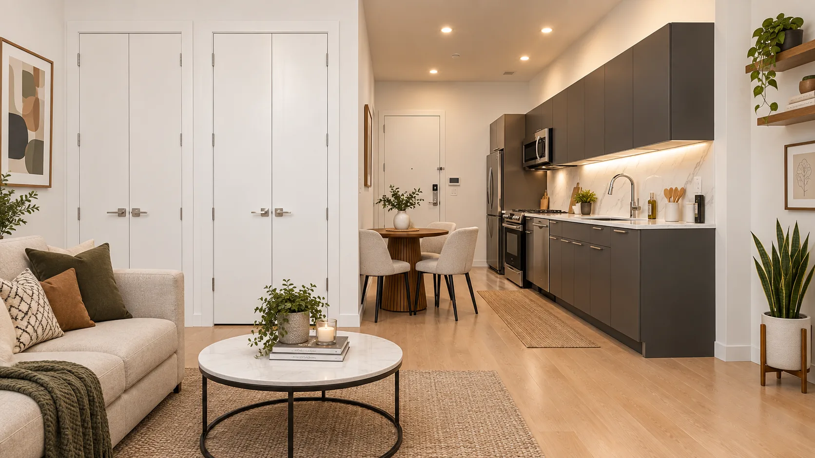 Open-plan living space with beige sofa, round coffee table, dark kitchen with island, dining area, and white closets.