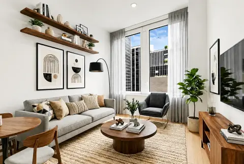 Living room with gray sofa, wooden shelves, framed artwork, round coffee table, TV, and floor-to-ceiling windows with curtains.