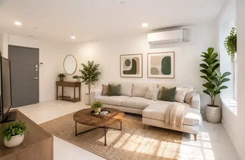 Living room with beige sectional sofa, wooden coffee table, potted plants, framed abstract art, and natural light from windows.