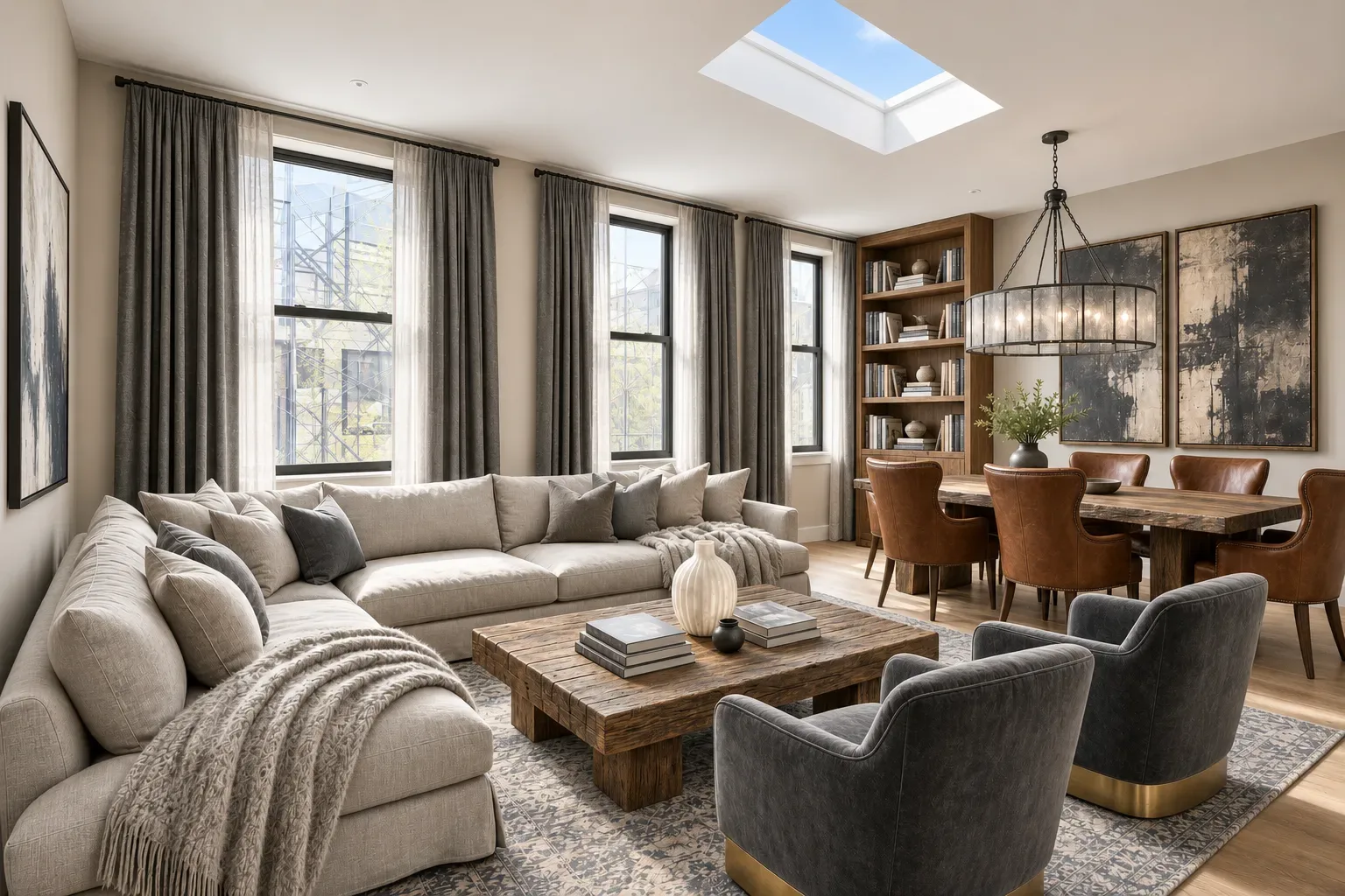 Open-plan living and dining area with beige sofa, armchairs, wooden table, shelving, skylight and large windows.