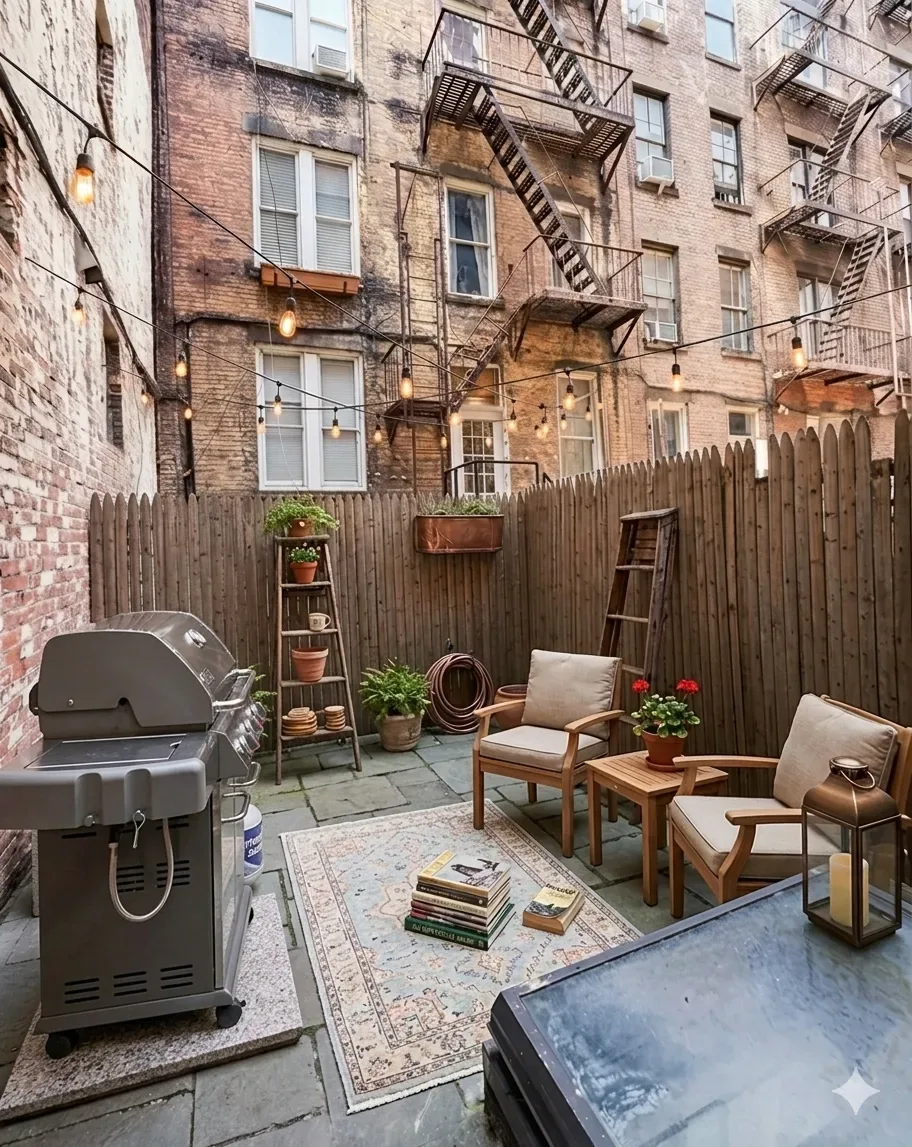 Outdoor patio with wooden fence, grill, wooden chairs, potted plants, and brick building backdrop.