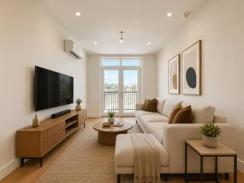 Living room with beige sofa, wooden TV stand, round coffee table, and balcony doors with city views.