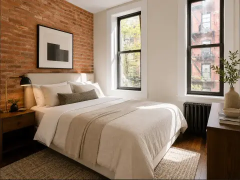Bedroom with exposed brick wall, queen bed with white bedding, two windows, wooden nightstands and hardwood floors.