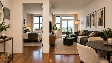 Open-plan living and dining area with hardwood floors, large windows, modern furniture, and framed artwork on walls.