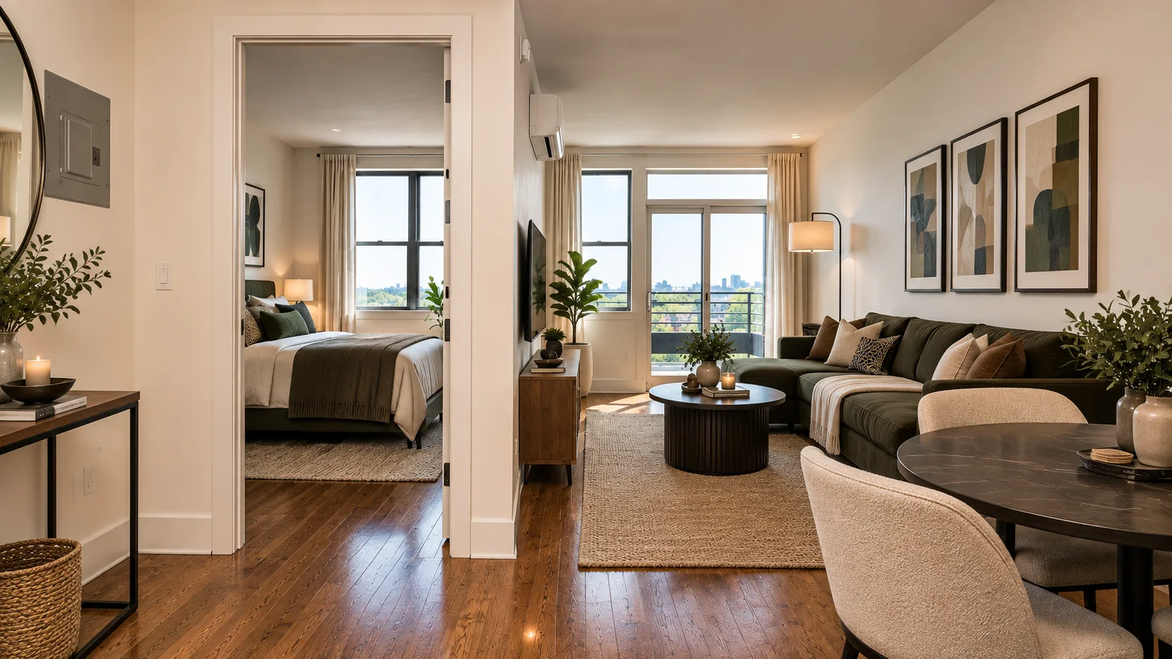 Open-plan living and dining area with hardwood floors, large windows, modern furniture, and framed artwork on walls.