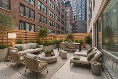 Rooftop terrace with seating areas, potted plants, wooden privacy screens, and city views.