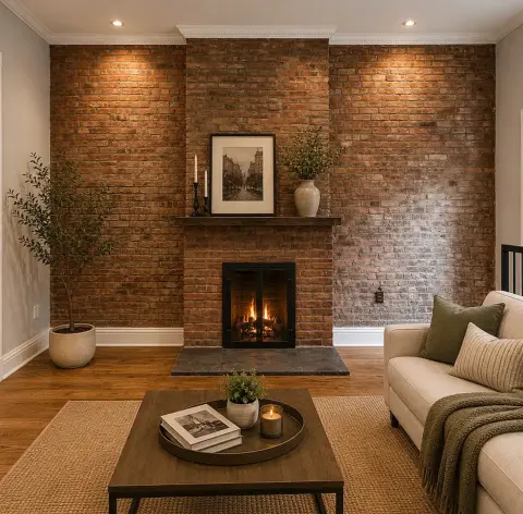 Living room with exposed brick fireplace, hardwood floors, beige sofa, wooden coffee table and recessed lighting.