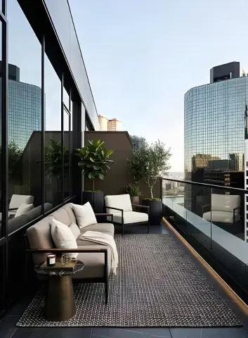 Balcony with seating area, potted plants, striped rug, and city skyline views through floor-to-ceiling windows.