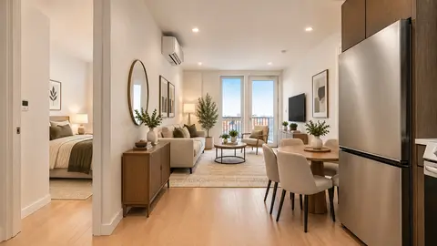 Open-plan living space with kitchen, dining area, and lounge with hardwood floors and large windows.