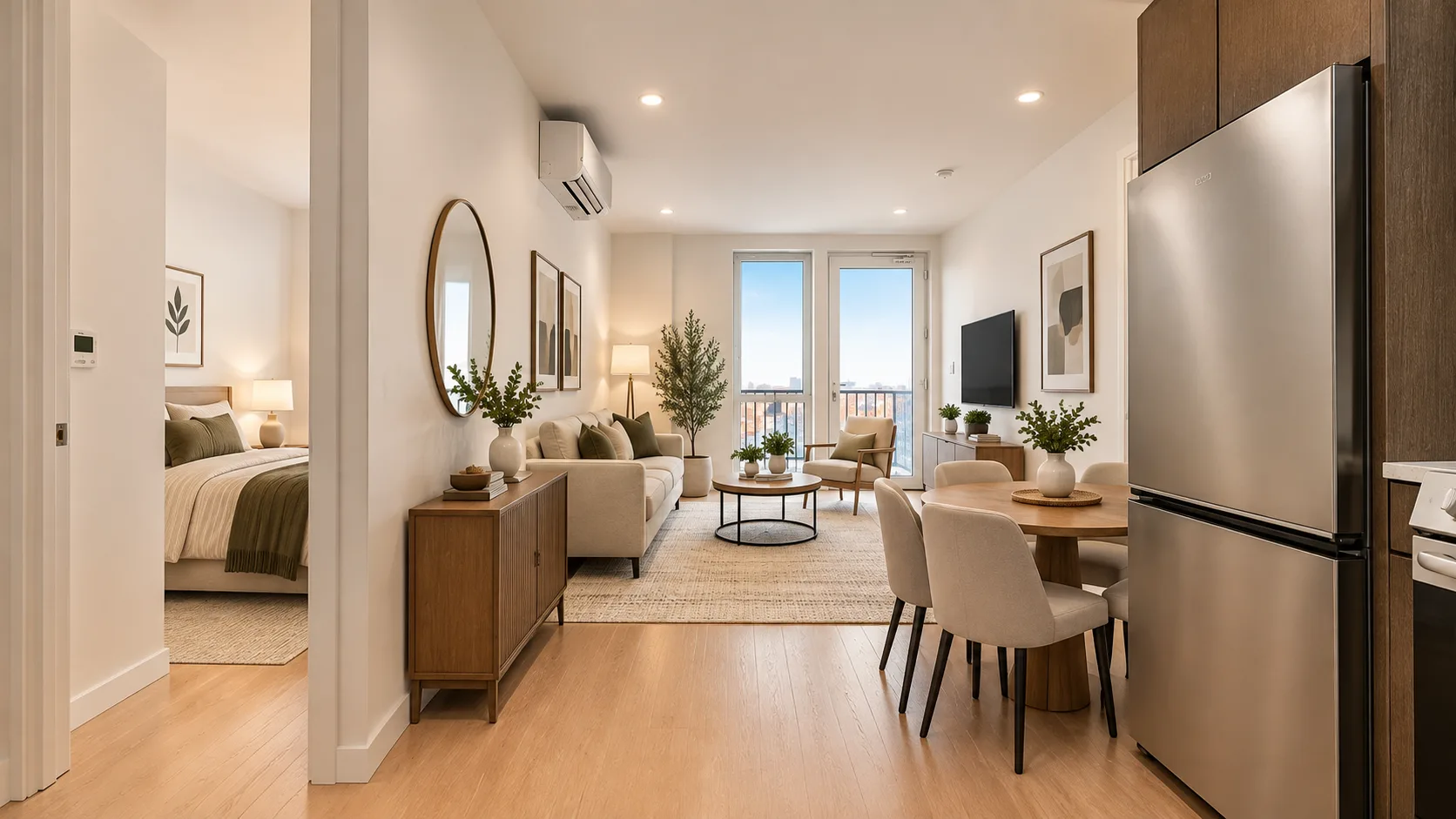 Open-plan living space with kitchen, dining area, and lounge with hardwood floors and large windows.