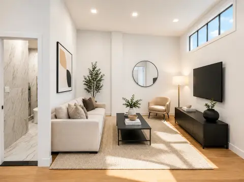 Living room with cream sofa, black TV stand, wooden floors, high windows, and potted plants.