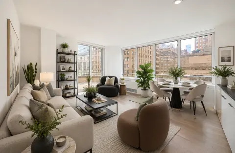 Bright living room with large windows, cream sofa, brown armchair, wooden floors, plants, and city views.