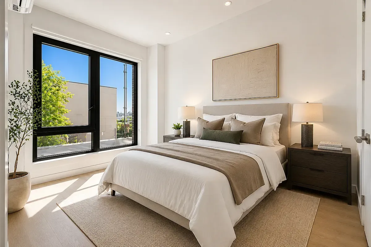 Bedroom with queen bed, two nightstands with lamps, large window with black frame, and framed artwork on wall.