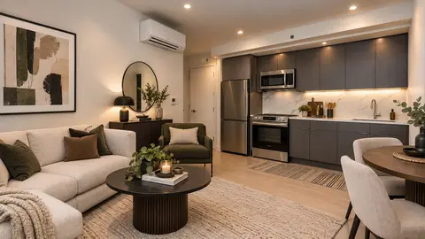 Open-plan living and kitchen area with cream sofa, dark wood coffee table, gray cabinetry, stainless steel appliances and dining table.