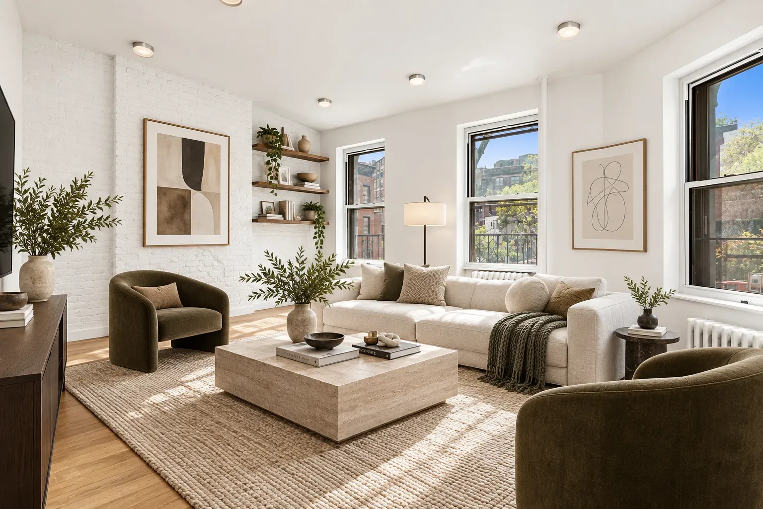 Bright living room with beige sofa, olive armchairs, wooden coffee table, large windows, hardwood floors and potted plants.