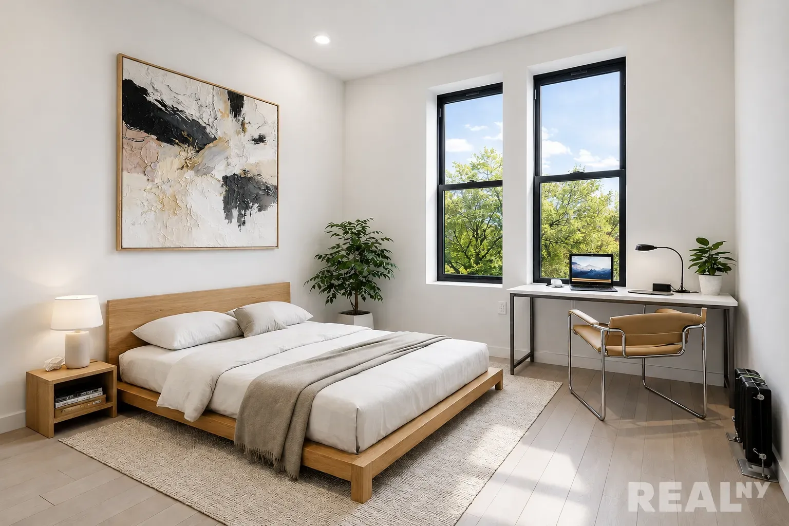 Bedroom with wooden bed, white bedding, desk by window, two large windows with black frames, and abstract wall art.