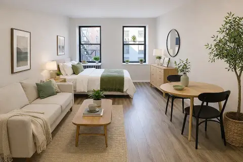 Studio apartment with bed, sofa, dining table, hardwood floors, two windows, and potted plants throughout.