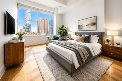 Bedroom with queen bed, wooden nightstands, wall-mounted TV, large windows with city views, and hardwood floors.