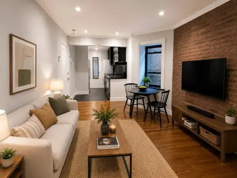 Open-plan living room with hardwood floors, white sofa, dining table, brick accent wall, and wall-mounted TV.