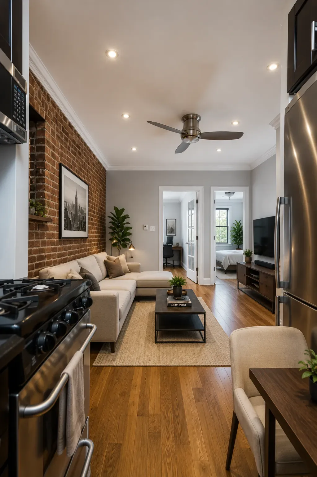 Open-plan kitchen and living room with exposed brick wall, hardwood floors, stainless steel appliances, and ceiling fan.