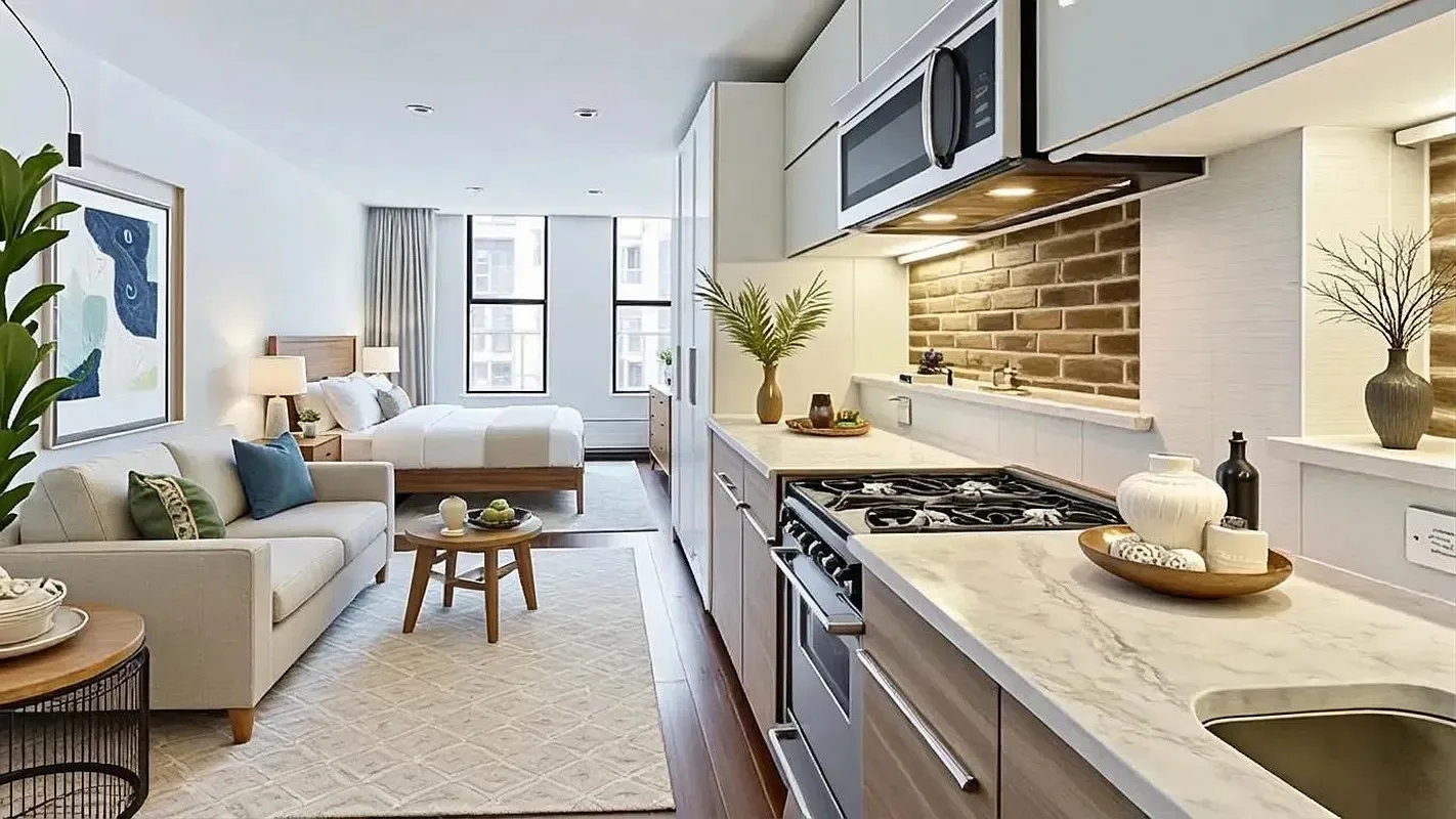Open-plan kitchen and living area with gas range, white countertops, brick backsplash, and bedroom visible through doorway.