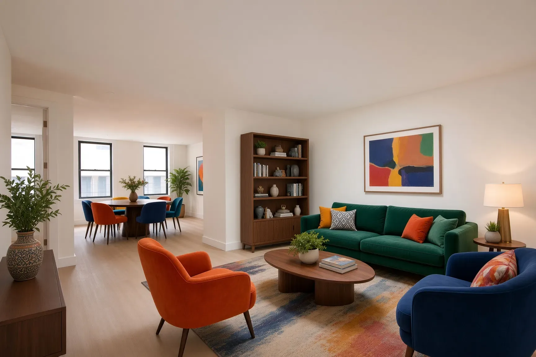 Open-plan living room with green sofa, orange armchair, blue chair, wooden bookshelf, colorful abstract artwork, and large windows.