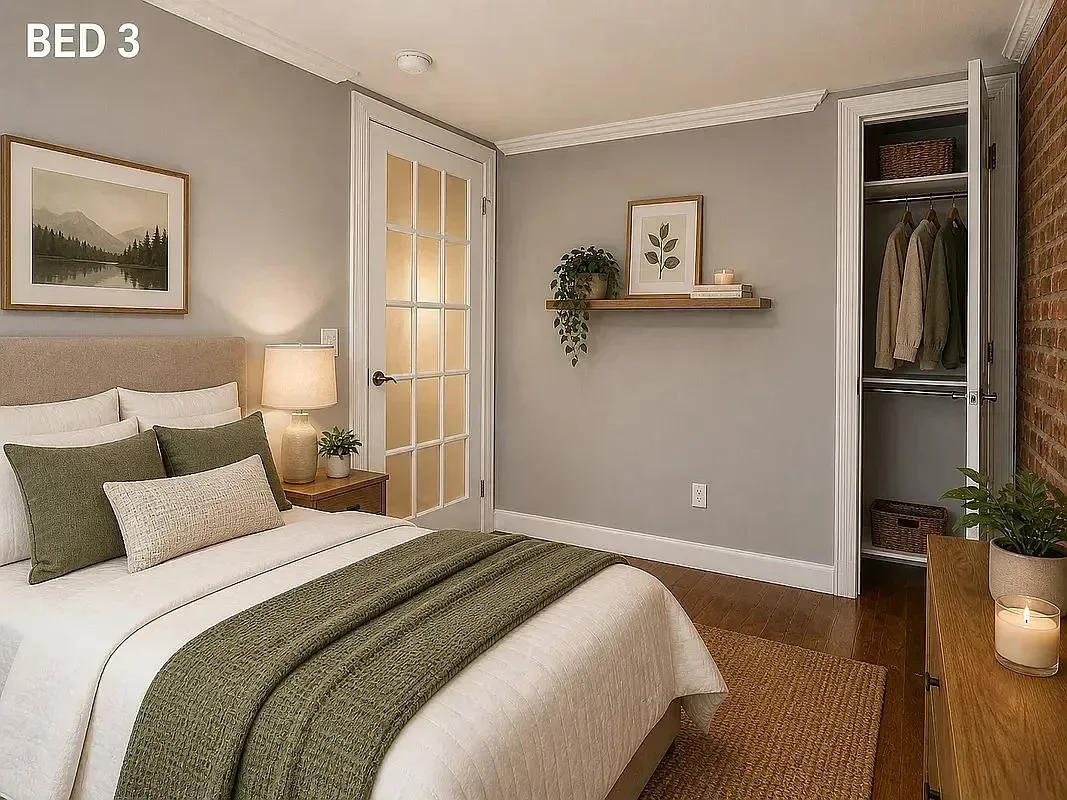 Bedroom with white bed, green bedding, hardwood floors, gray walls, framed artwork, open closet and bedside lamp.