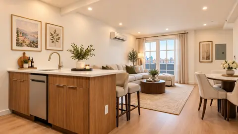 Open-plan kitchen and living area with wood cabinetry, island seating, large windows, and neutral furnishings.