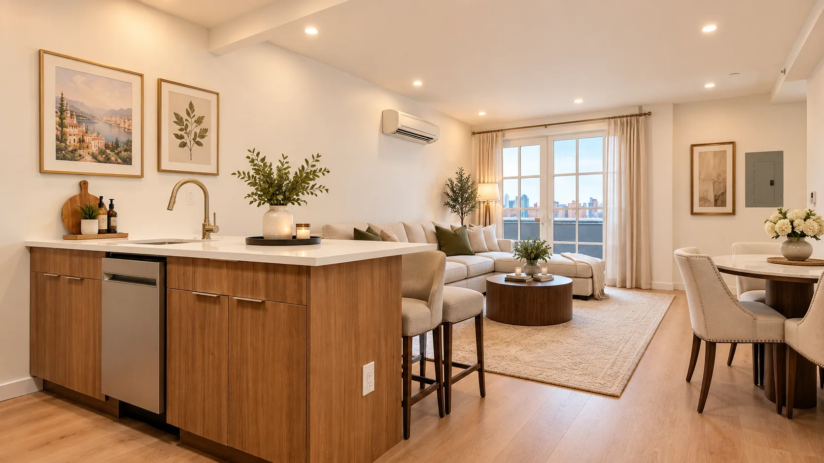 Open-plan kitchen and living area with wood cabinetry, island seating, large windows, and neutral furnishings.