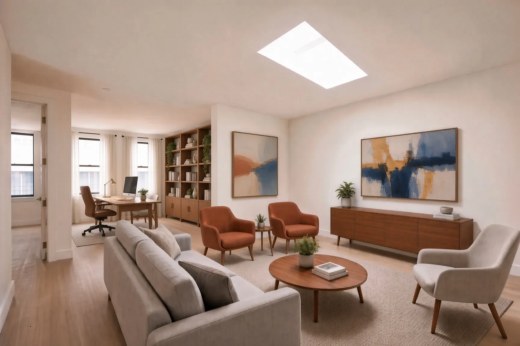 Open-plan living room with light wood floors, skylight, white sofa, mid-century furniture, and abstract wall art.