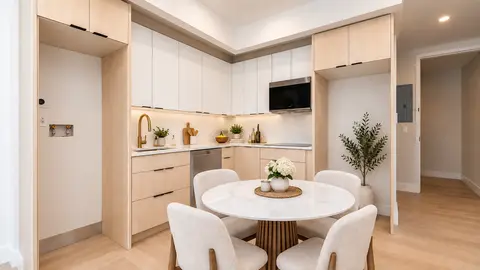 Modern kitchen and dining area with white cabinetry, round white table, four chairs, and wooden flooring throughout.