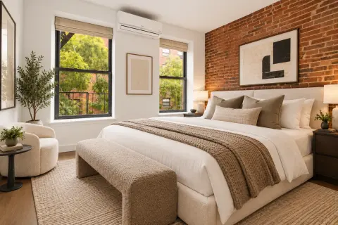 Bedroom with queen bed, exposed brick wall, two windows with green views, and a cream armchair.
