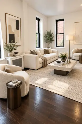 Bright living room with cream furniture, dark hardwood floors, two windows, potted plants, and a marble coffee table.