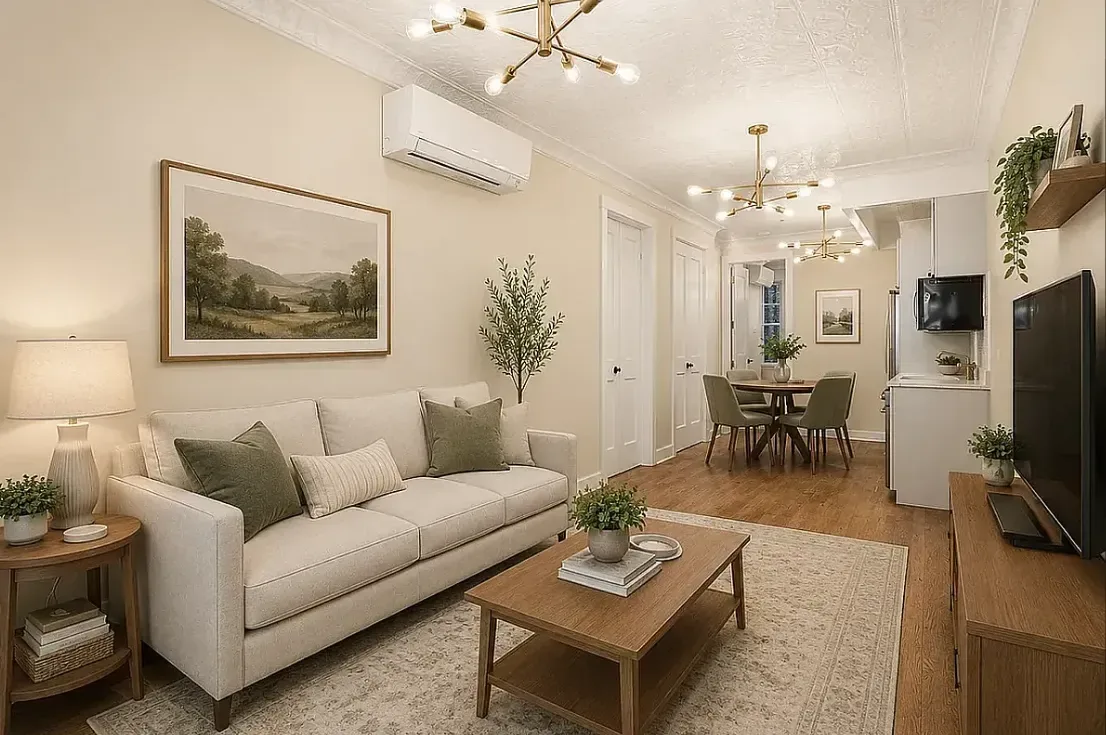 Open-plan living and dining area with beige sofa, wooden coffee table, hardwood floors, and dining table visible in background.