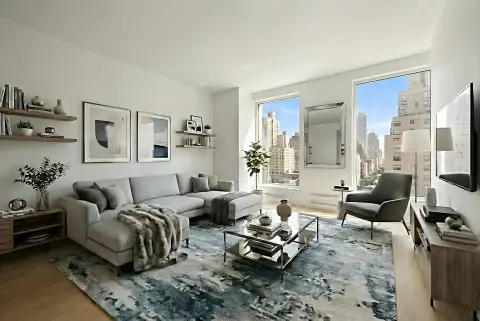 Living room with gray sofa, armchair, glass coffee table, large windows with city views, and wall-mounted TV.